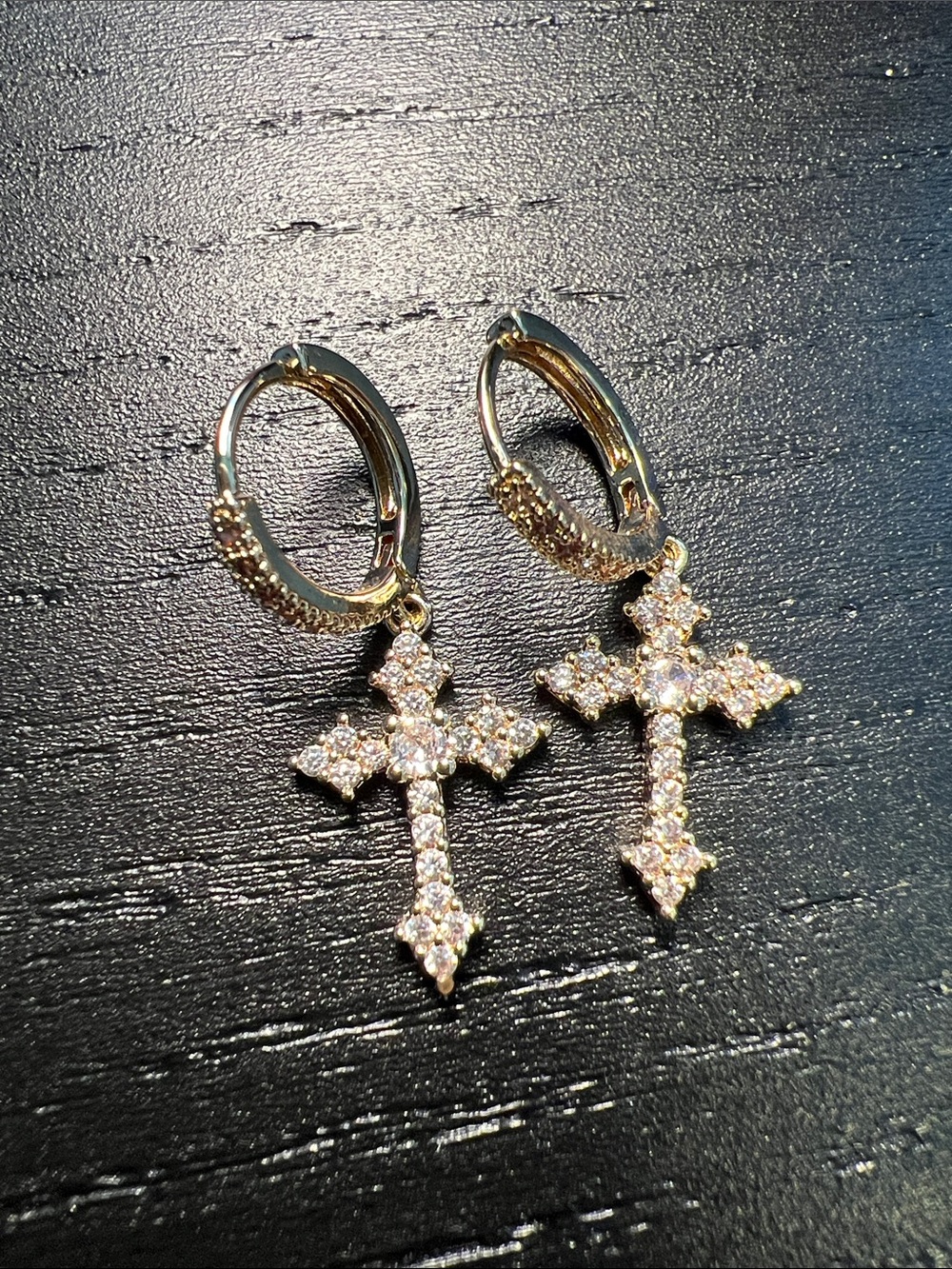 Gold Cross Huggie Hoop Earrings with Crystal Accents - Picture 2 of 3